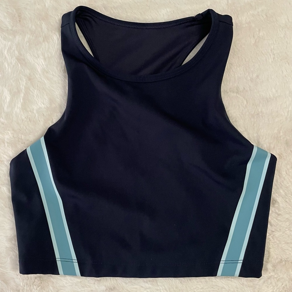 JoyLab Women's High-Neck Long Line Sports Bra, navy blue w/ light blue stripe, S
